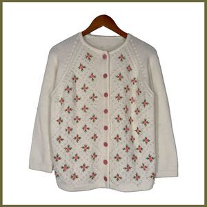 Vintage Handmade Cream Knit Cardigan Pink Rose Embroidery Cottagecore S/M